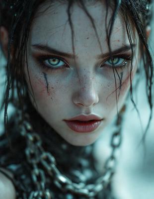 The primary subject of the image is a woman with a chain around her neck. She has a chain around her neck and is wearing a black and white dress. The setting is a dark room, and the visual style is a close-up of the woman's face. The colors in the image are predominantly black and white, giving the image a moody and dramatic atmosphere.